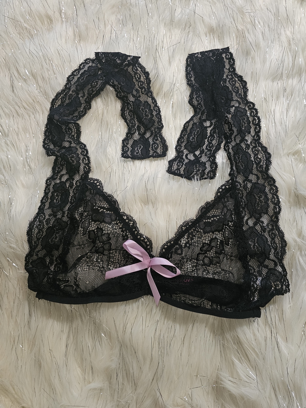 Sheer Black Lace Bralette with Pink Bow Accent